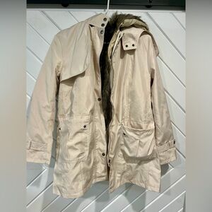 Beige Hooded Parka Trench Coat Jacket with Fur Lining - Women’s Small/Medium